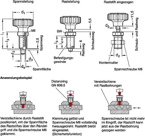 Ganter 7336.8-42-M16X1,5-6 KLEMM RASTBOLZEN - GN 7336-8 Klemmrastbolzen mit Sicherheits Wegbegrenzung-Skizze