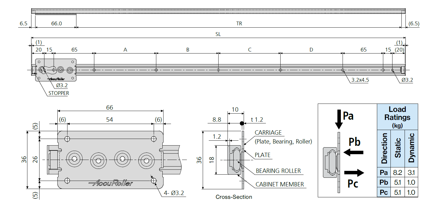Accuride LA1815-0020 Linearführungen, Schienenlänge 202 mm, Hub 123 mm, bis 8,2kg, Wagen 36x66 - Accuride LA1815 Linearführungssystem für geringe Lasten bis 8,2kg, Profil 18x10_Massblatt