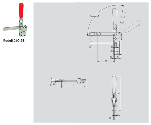 DESTACO 210-TUB Vertikal-Kniehebelspanner Haltekraft 2800 N - 3400 N, Öffnungswinkel 105° - 210-SB Vertikalspanner - massiver Spannarm - Fuss gerade