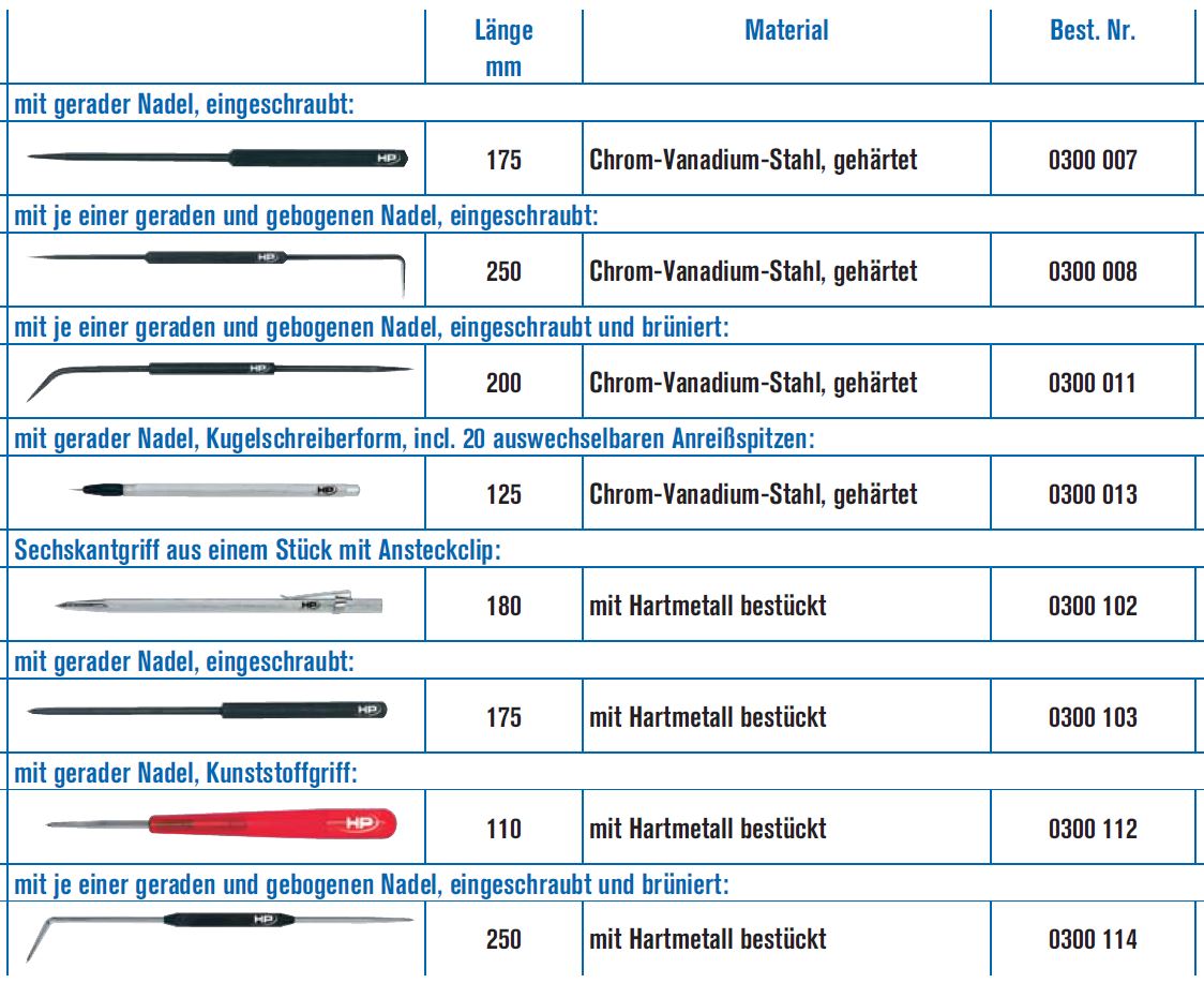 Helios Preisser, 0300 013  Reißnadel  mit gerader Nadel, Kugelschreiberform, incl. 20 auswechselbaren Anreißspitzen: Länge 125 mm, Chrom-Vanadium-Stahl, gehärtet - Helios Preisser 0300 Reißnadel