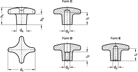 Ganter 6335-AL-20-M4-D-PL  Kreuzgriffe, Aluminium, Griffdurchmesser d1: 20, Gewinde d2: M 4, Form: D - mit Gewinde-Durchloch - DIN 6335 Kreuzgriffe - Aluminium - Massblatt