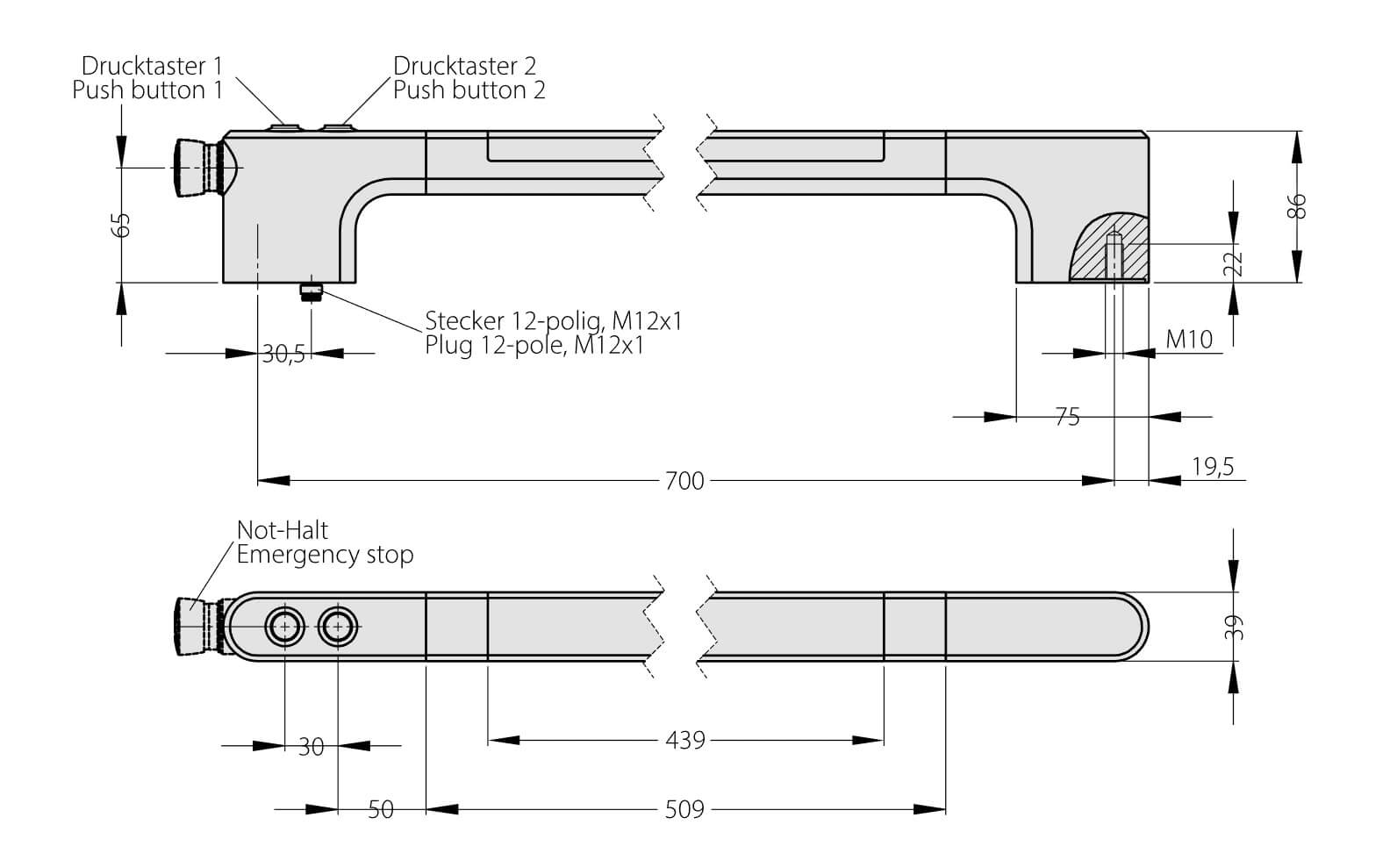 Leschhorn FG13-LL12.700.S11 Funktionsgriffe mit großflächig beleuchtbarem Griffsteg, A= 700mm, Typ: FG13-LL12 - 2 Drucktaster ohne Not-Halt - LE FG13-LL Funktionsgriffe mit grossflaechig beleuchtbarem Griffsteg-Skizze