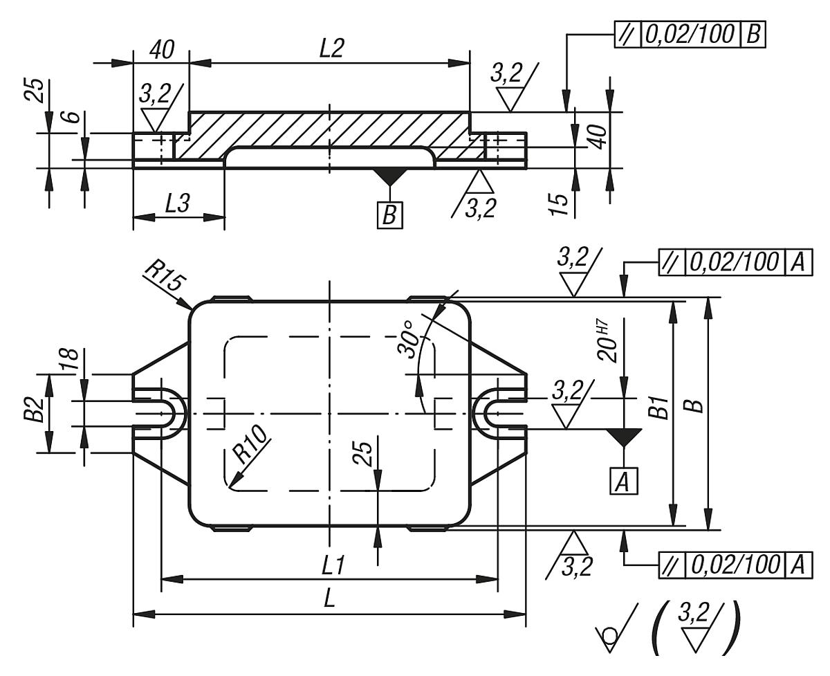 Norelem 01180-02 GRUNDPLATTE MIT FLANSCH GG, L=280, B=166 - NLM 01180 Grundplatten mit Flansch Grauguss - Massblatt