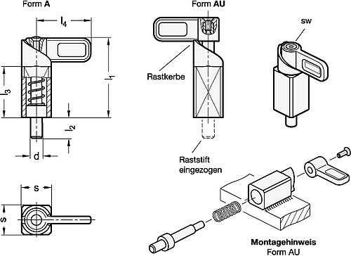 Ganter 722.1-10-20-A-A4 Edelstahl Federriegel zum Anschweißen - GN 722-1 Edelstahl Federriegel zum Anschweissen-Skizze