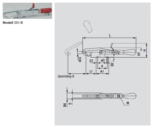 DESTACO 351-B Haken-Verschluss-Spanner Haltekraft 1700N - 2200N, Spannweg 100mm - 351-B Haken-Verschluss-Spanner - Hakenspanner - mit schmalem Fuss