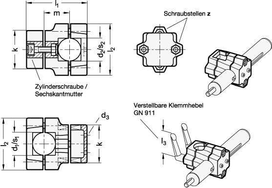 Ganter 134.1-B30-B30-50-2-S  Kreuz-Verfahrschlitten, Aluminium, mehrteilig, für Einachssystem, Bohrung d1 - Bohrung d2: B30-B30, Klemmlänge: 50, Kennziffer: 2 - mit 4 Edelstahl-Zylinderschrauben ISO 4762 - GN 134-1 Kreuz-Verfahrschlitten - Aluminium - mehrteilig - fuer Einachssystem - Massblatt