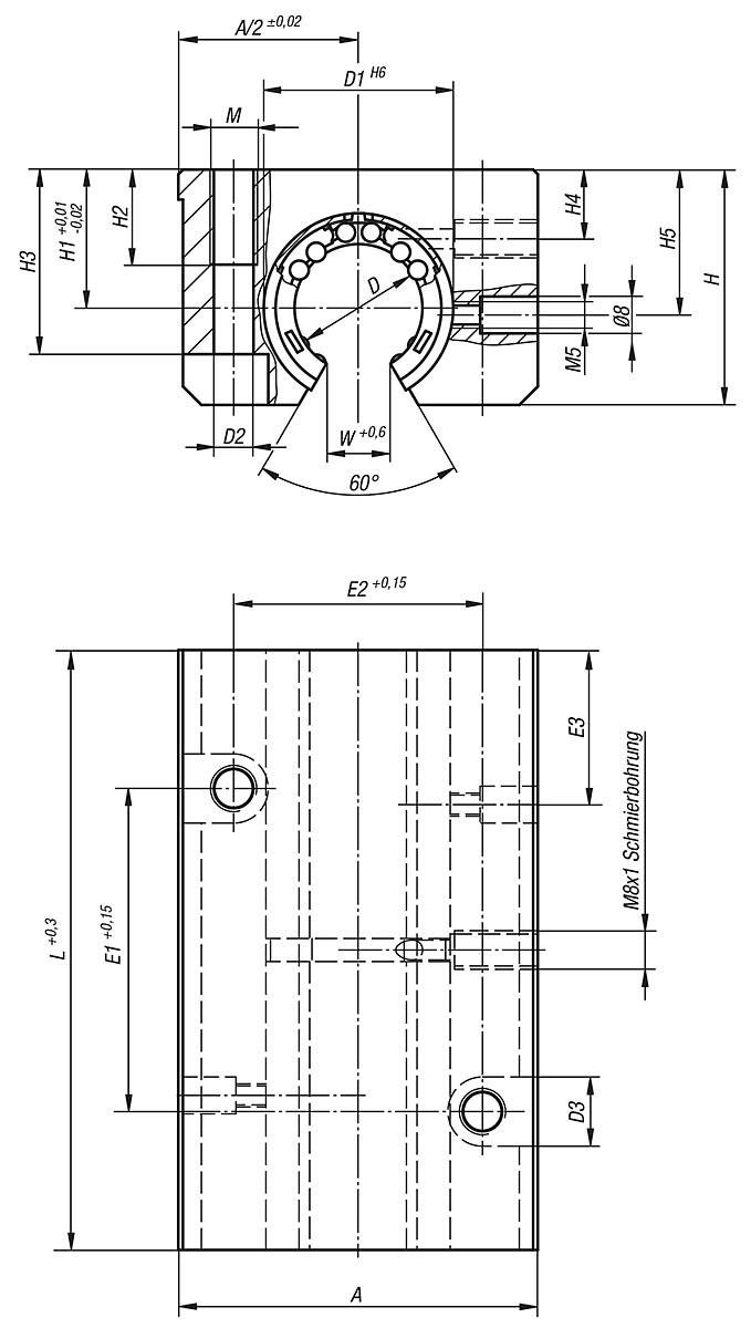 Norelem 21545-121012 LINEARGEHÄUSEEINHEIT D=12, TANDEM, MIT KUGELLAGER 21510 1212, Winkelfehlerausgleich - NLM 21545 Lineargehaeuseeinheiten  Tandem - offen - Massblatt