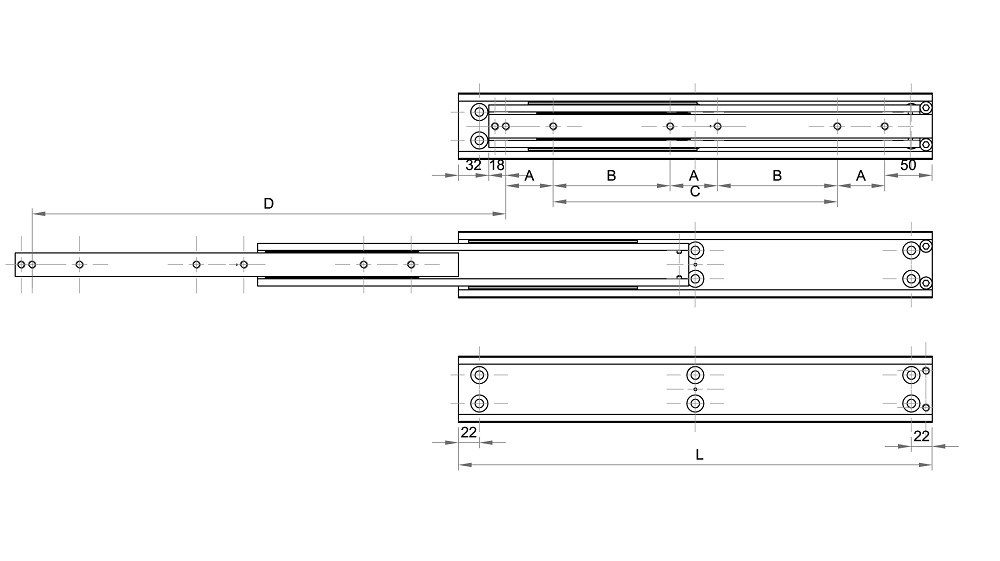 Leschhorn HP2CV 7024-0300-GS-ST Hochpräzise Schwerlast-Teleskopschienen, 2C-Profil 70x24, Vollauszug, A=300, GS: Gewinde M8/Senkbohrung für M8, Lastwert 390kg, Stahl verzinkt - LE HP2CV7024 2C-Profil-Bemassung