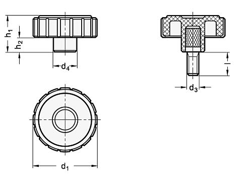 Ganter 4534-44-M6-10 SOFTLINE RÄNDELGRIFFSCHRAUBE, SCHWARZ - GN 4534 Softline Raendelgriffschrauben - Kunststoff-Skizze