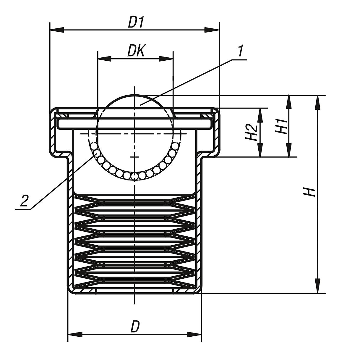 Norelem 95154-122 Kugelrollen mit Federelementen, Deckel und Gehäuse verzinkt. dw= 22, D= 38,8; D1= 50+-0,1, H= 51 - NLM 95154 Kugelrollen mit Federelementen - Massblatt