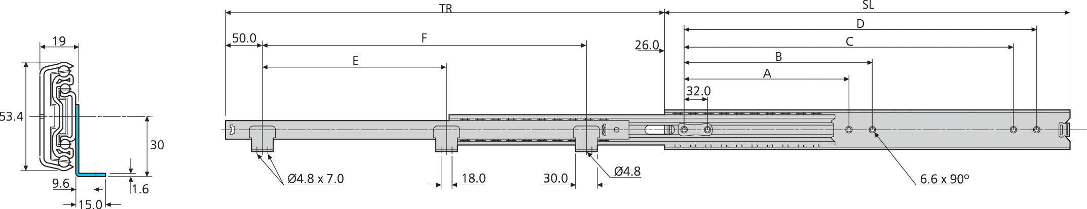 Accuride DZ5517-6055 Teleskopschienen mit Winkel zur Bodenmontage 100%+ Überauszug, 19,0x53,4, SL 550, TR 596,4, 60kg, hell verzinkt - 5517-60 TZ Accuride Teleskopschiene