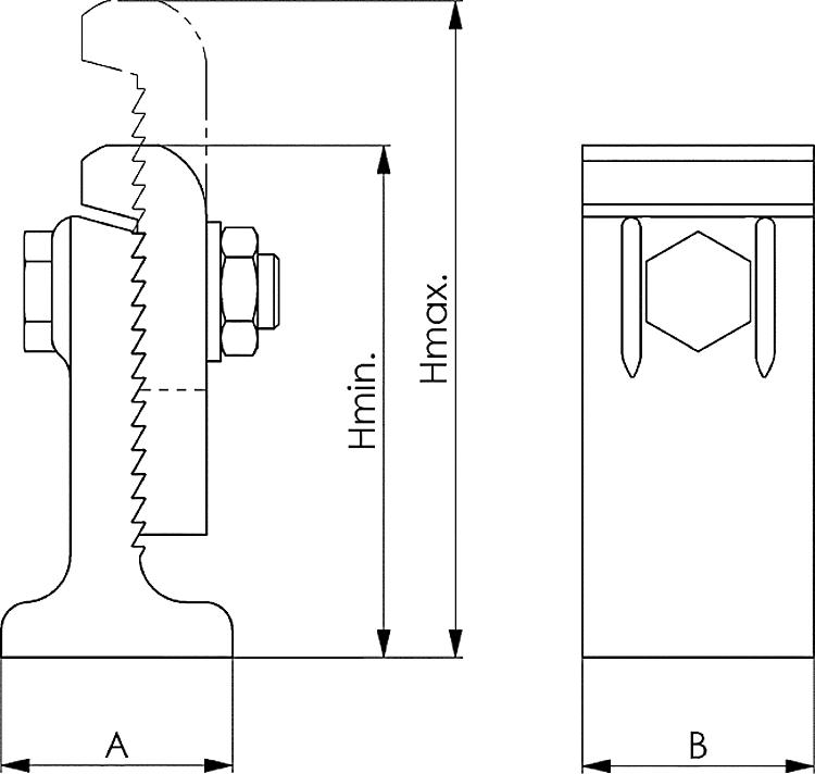 AMF 6510-2 Gezahnte Spannunterlagen, Größe : 2, H min.: 111, H max.: 147, Spannkraft: 40 kN, A: 50 - LE 6510 Gezahnte Spannunterlagen -Skizze