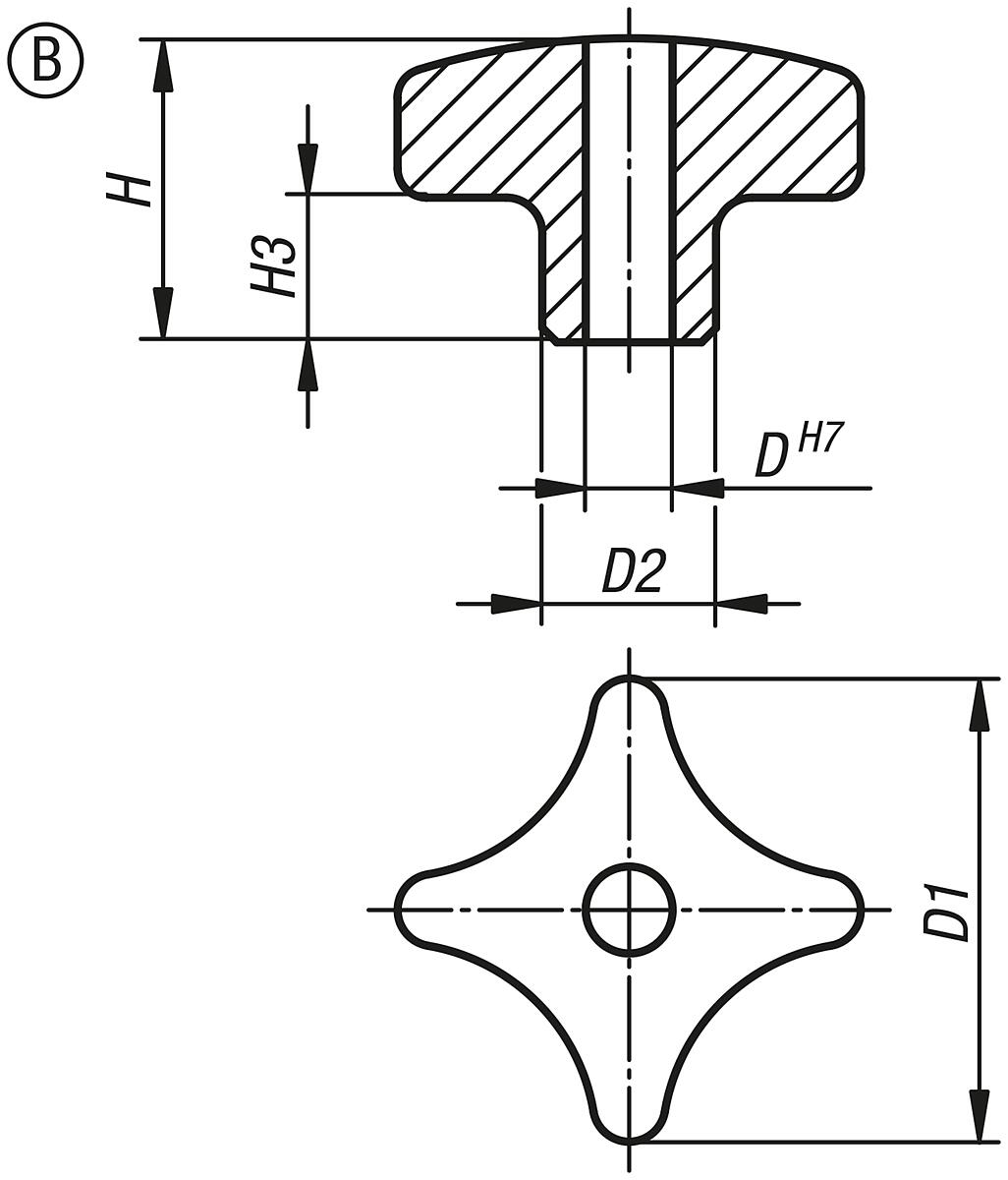 Kipp K0146.2032062 KREUZGRIFF                    EDELSTAHL, FORM B, D1=32, D4=6 - K0146-B Kreuzgriffe aehnlich DIN 6335 Edelstahl - Form B - Massblatt