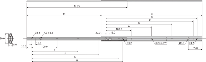 Accuride DZ2421-0035 Teleskopschienen 75% Teilauszug, 8x20, SL 350,TR 257, 16kg, hell verzinkt - 2421 Accuride Teleskopschiene technische Zeichnung