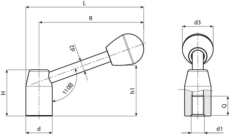 Leschhorn W500 verstellbare Spannhebel d 22; R 80; H 38; d1 M10; H- Vernickelt - Boteco W500 verstellbare Spannhebel