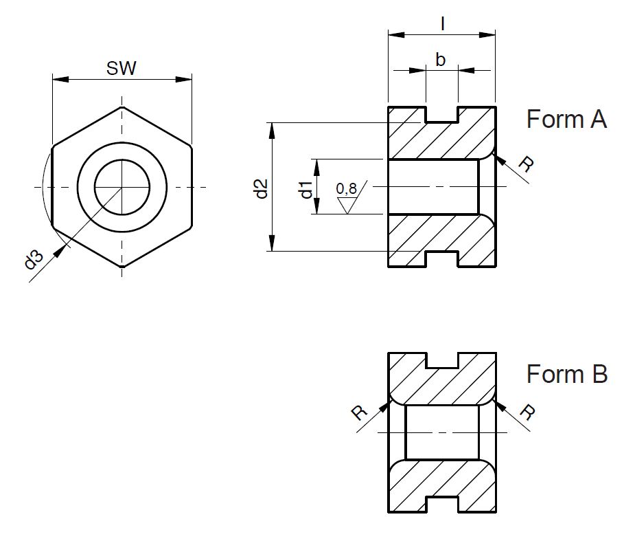 Leschhorn Sechskantbohrbuchsen  Form A: Bohrung an einem Ende gerundet; d1 03,00; SW 09; d3 10,20; l 08; - Sechskantbohrbuchsen Form A