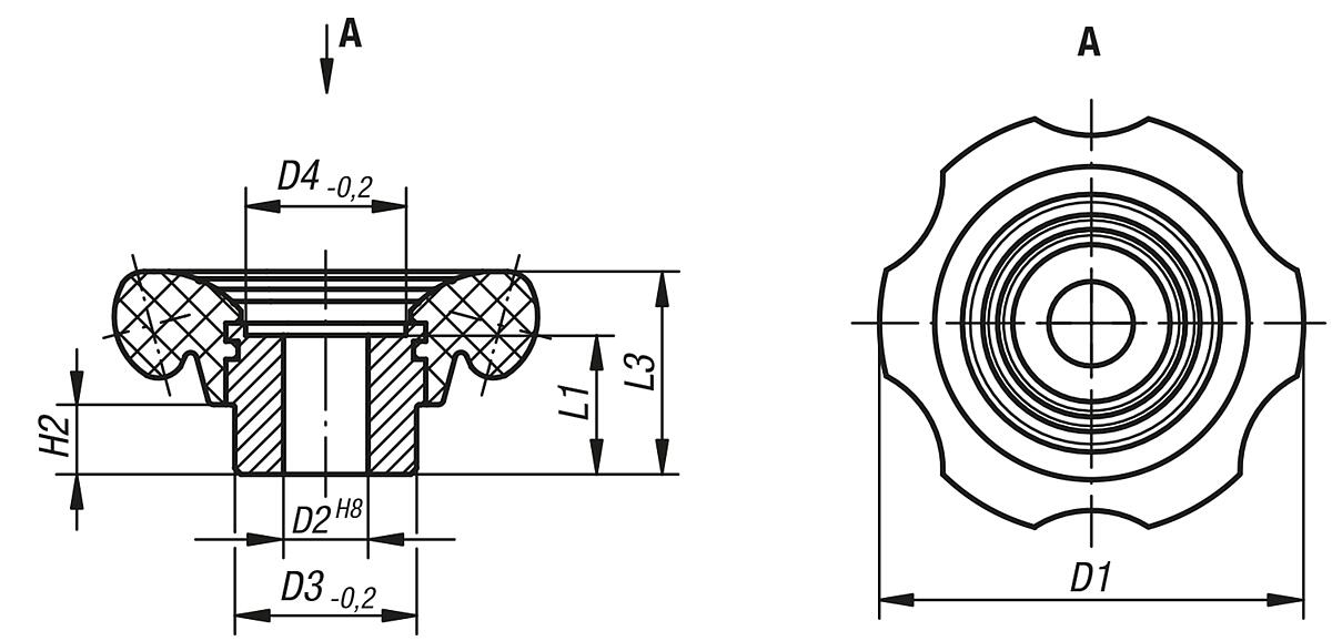 Norelem 06830-70214 HANDRAD D=70, D2=14, DUROPLAST FS31 SCHWARZ - NLM 06830-BG Handraeder mit Bohrung - Massblatt