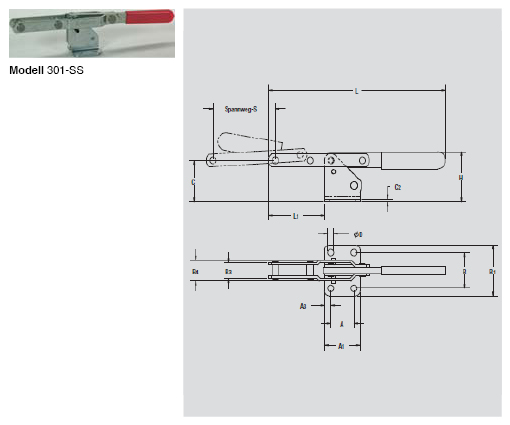 DESTACO 301-SS Ösen-Verschluss-Spanner Haltekraft 1700N, Spannweg 100mm - 301 Oesen-Verschluss-Spanner - Edelstahlausfuehrung
