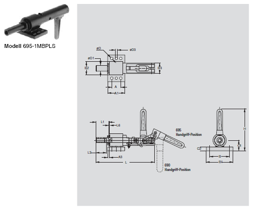 DESTACO 690-1MBPLS Schubstangenspanner Heavy Duty Haltekraft 14000N, Hub 76mm - 695-1MBPLS Schubstangenspanner Heavy Duty - Druckspanner