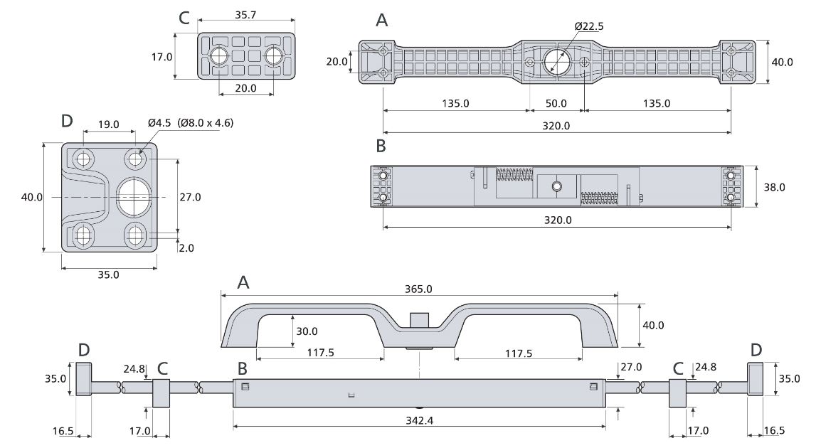 Accuride DBHAND-2 Verriegelungshebel mit Einhalterungsmechanismus 1x Hebel und Druckknopf gelb, 2x Stütz- Verriegelungsblöcke, Stifte, Knopfdruck-Kraft: 120N - DBHAND-TZ small