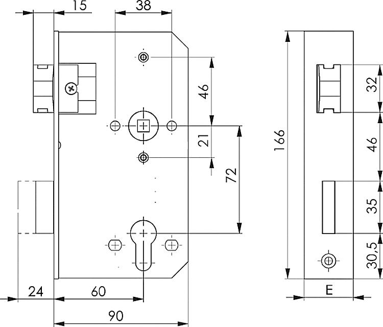 AMF 142UNIG-42ZW Schloss, verzinkt, für Kastenbreite: 42,4 mm, Schließung: PZW, E: 36 mm - LE 142UNIG Schloss - verzinkt -Skizze