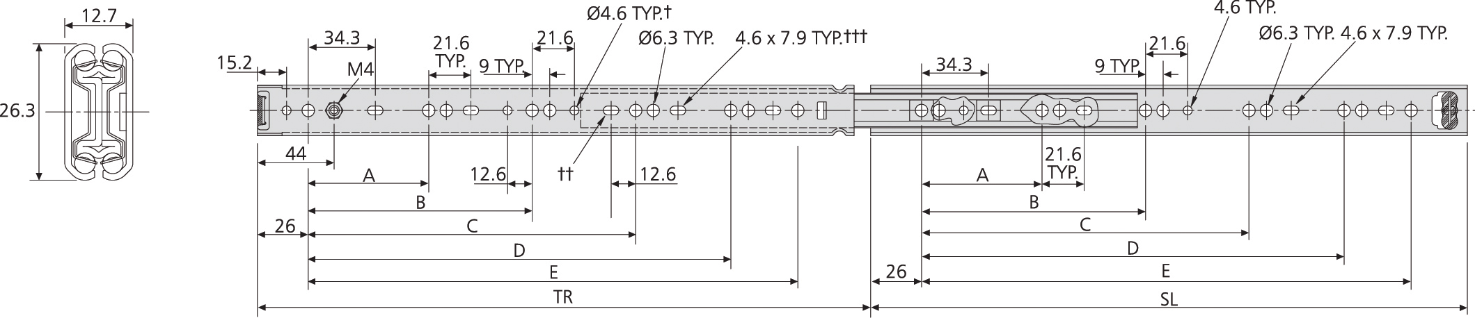 Accuride DZ2642-0025 Teleskopschienen 100% Vollauszug, 12,7x26,3, SL 250,TR 259, 25kg, hell verzinkt - 2642 Accuride Teleskopschiene technische Zeichnung