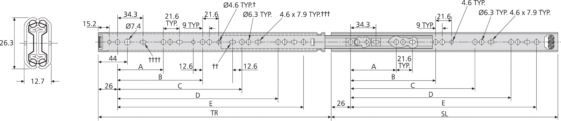 Accuride DZ2601-0020 Teleskopschienen 100% Vollauszug, 12,7x26,3 SL 200,TR 209, 16kg, hell verzinkt - 2601 Accuride Teleskopschiene technische Zeichnung