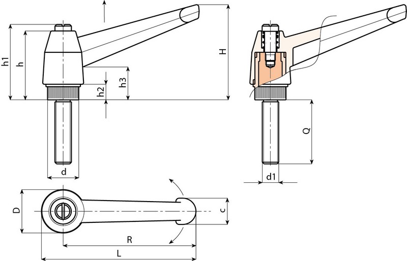Leschhorn A523 verstellbare Klemmhebel  R 83; Außengewinde M10x35; rot - Boteco A523 Verstellbare Klemmhebel