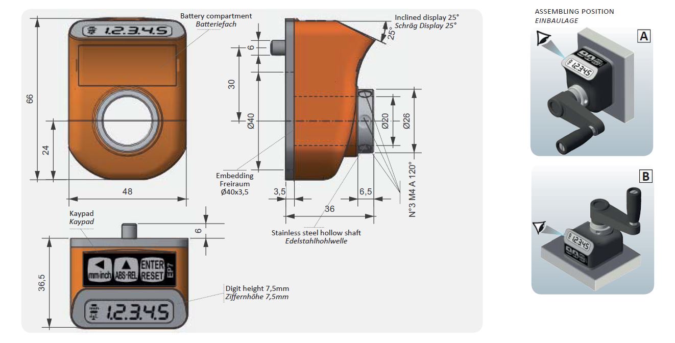 Fiama EP7-B-F14-FLB-R elektronische Positionsanzeige programmierbar.  Ansicht B vertikal, Steigung programmierbar, Anzeige programmierbar; Hohlwelle 14H7, Farbe R= orange, Wellenklemmflansch - EP7 elektronische digitale Positionsanzeiger - TZ