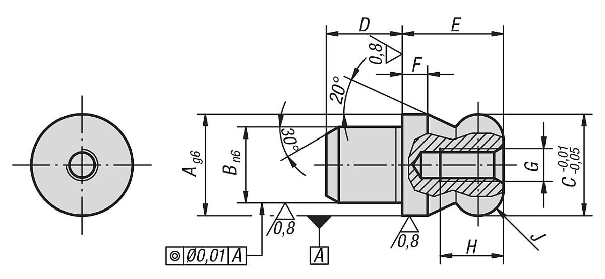 Norelem 03108-08 AUFNAHMEBOLZEN A=8 FORM B, MIT KUGELANSATZ - NLM 03108 Aufnahmebolzen  mit Kugelansatz Form B - Massblatt
