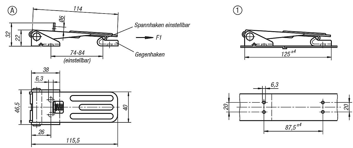 Kipp K0049.3631162 SPANNVERSCHLUSS EINSTELLBAR, FORM C, EDELSTAHL - K0049-SVC Spannverschluesse einstellbar Anschraubbohrungen verdeckt Form C - Massblatt