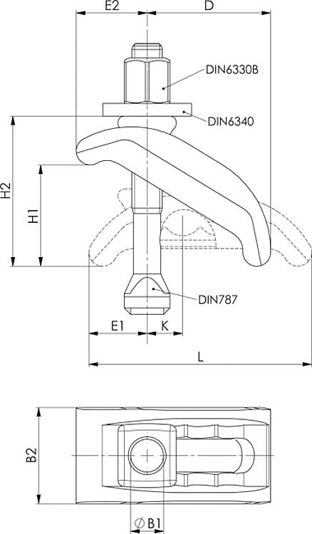 AMF 6313K-13 Spannpratze, kurz, mit U-Stück, komplett, mit Spannschraube: M12x12x100, B1: 13, D: 52 - LE 6313K Spannpratze - kurz - mit U-Stueck-Skizze