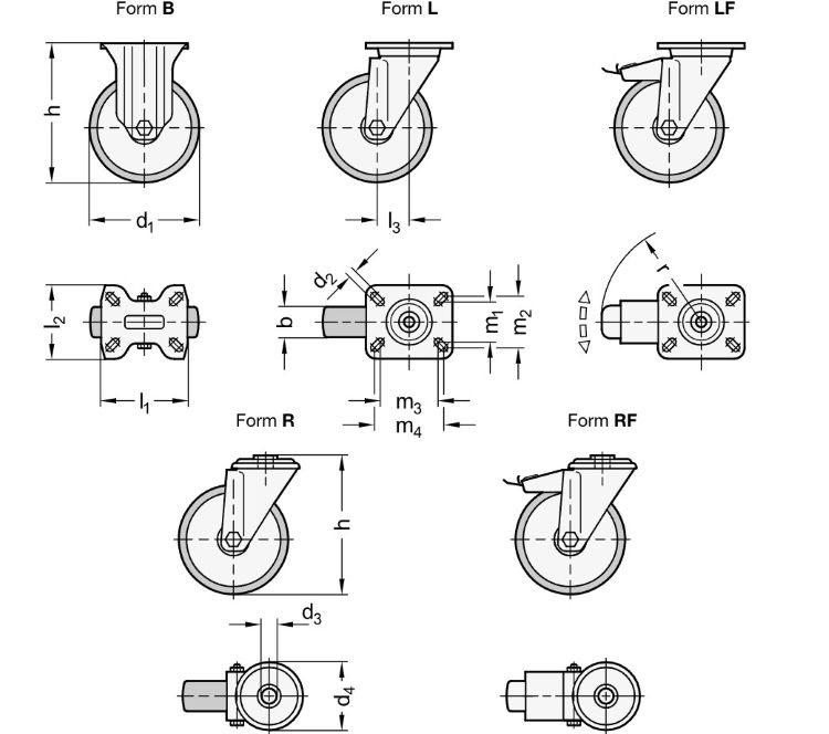 Ganter 22882-100-K-L-L-ST Transportrollen, Laufbelag Polyurethan, Radkörper Polyamid, leichte Ausführung Rad-ø d1=100, Form L, Kugellager K, Gehäuse STAHL - GN 22882 Transportrollen - Massblatt