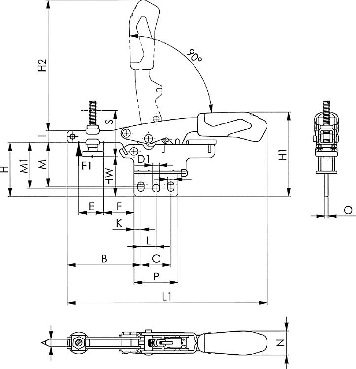 AMF 6872-20 Waagrechtspanner mit variabler Spannhöhe, Größe : 20, F1: 2 kN - LE 6872 Waagrechtspanner variabel -Skizze