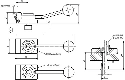 Norelem 04520-110X1 NIEDERZUGSPANNER, LINKSAUSFÜHRUNG MIT EBENER SPANNBACKE - Norelem 04520-SE Niederzugspanner Spannbacken eben