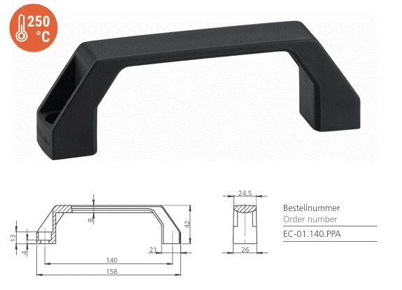 Leschhorn EC-01.140.PPA Bügelgriff, Kunststoff Hochtemperaturbeständig, für Zylinderschrauben d 8,5mm, A 140,  Polyamid schwarz - EC-01-140-PPA - Hochtemperaturbestaendig Kunststoff Buegelgriffe
