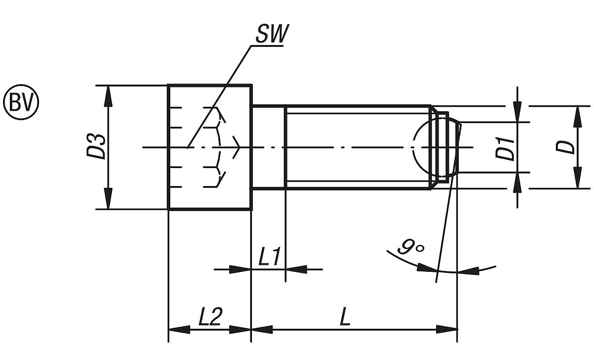 Norelem 07100-40820 KUGELDRUCKSCHRAUBE FORM BV, MIT KOPF, D1=M8, L2=20 - NLM 07100-BV Kugeldruckschrauben mit Kopf Form BV - Massblatt
