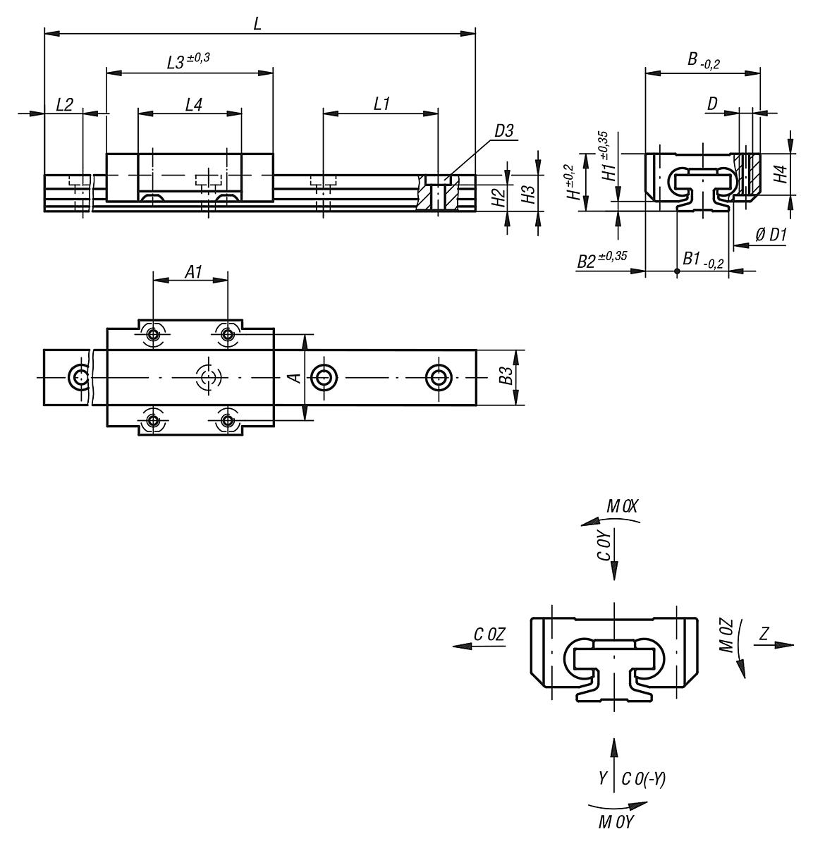 Norelem 21210-0910X0800 FÜHRUNGSSCHIENE DRY LIN® T, L=800 MM, L2=10 MM - NLM 21210-FS Fuehrungsschienen - Massblatt