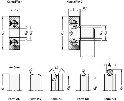 Ganter 753-19-B5-KF-1 LAUFROLLE - GN 753 Laufrollen - Stahl - Kunststoff-Skizze