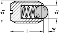 Ganter 615-M2-K  Federnde Druckstücke, Stahl / Edelstahl, mit Kugel, mit Schlitz, Gewinde d1 (Form K): M 2, Form: K - Stahl, normaler Federdruck, d2: 1 - GN 615 Federnde Druckstuecke - Stahl - Edelstahl - mit Kugel - mit Schlitz - Massblatt