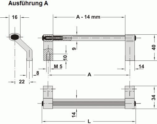 Leschhorn A1-14.G250.N01 gerade Griffe für 19" Technik Typ G, A 25,0 natur eloxiert - Griff aus Einzelelementen, komplett montiert - Zeichnung A1-14 Typ A -Aluprof Griffserien - mit abgewinkeltem Schenkel