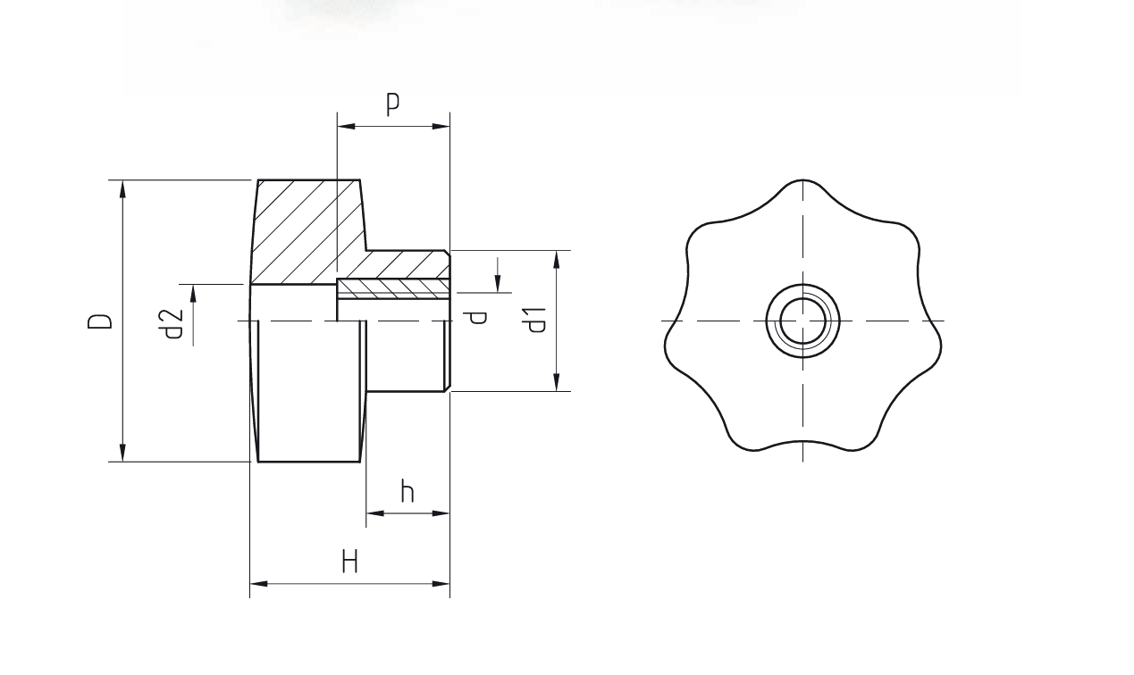 Leschhorn 04447.D50XM10 Sterngriffe Kunststoff Duroplast, schwarz Form D - mit Gewinde-Durchloch - LE 04447.D Sterngriffe Kunststoff mit Messing-Gewindebuchse, Form D - mit Gewinde-Durchloch-Massblat