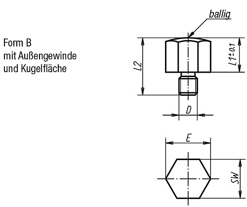 Norelem 02040-2101 POSITIONSFUß, FORM:B, AUTOM.STAHL BRÜN. U. EINSATZGEHÄRTET, SW=17 - Norelem 02040-B Positionsfuesse mit Aussengewinde Form B