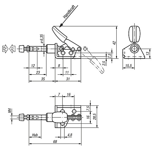 Kipp K0083.0050 MINISCHUBSTANGENSPANNER, MIT KONSOLE, P=50 daN - KIPP K0083 Minischubstangenspanner mit Konsole