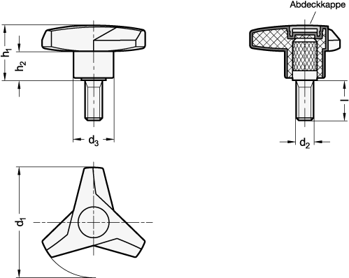 Ganter 533.6-100-M12-40-DBL  Dreisterngriffschrauben, Kunststoff, Gewindezapfen Stahl, Softline, Griffdurchmesser d1: 100, Gewinde d2: M 12, Länge l: 40 - GN 533-6 Dreisterngriffschrauben - Kunststoff - Gewindezapfen Stahl - Softline - Massblatt