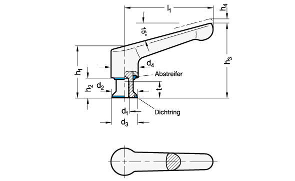 Ganter 305-63-M6-PL-E  Verstellbare Klemmhebel, Edelstahl, DGUV-zertifiziert, mit Innengewinde, Hygienic Design, Grifflänge l1: 63, Anschlussgewinde d1: M 6, Oberfläche: PL - poliert (Ra < 0,8 µm) - GN 305 Verstellbare Klemmhebel-Edelstahl-DGUV Zertifiziert-Innengewinde-Hygienic Design-Massblatt