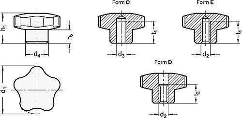 Ganter 5336-70-M12-E-PL STERNGRIFF - GN 5336 Sterngriffe - Aluminium-Skizze