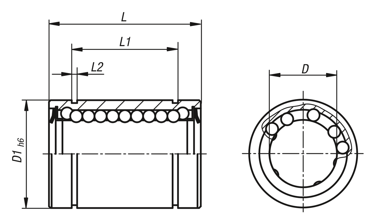 Norelem 21511-030702 LINEARKUGELLAGER, D=3, D1=7, L=10, KUNSTSTOFF, KOMP:EDELSTAHL - NLM 21511 Linearkugellager - Kunststoff-Skizze
