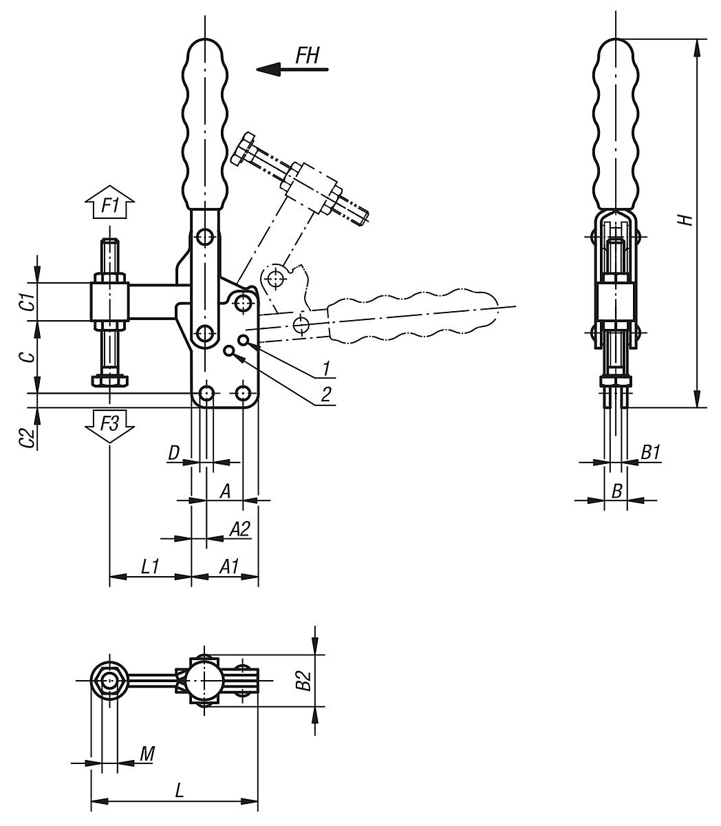 Kipp K0056.0450 SCHNELLSPANNER VERTIKAL, MIT SENKRECHTEM FUSS, P=450 daN - K0056 Schnellspanner vertikal mit senkrechtem Fuss und fester Andruckspindel - Massblatt