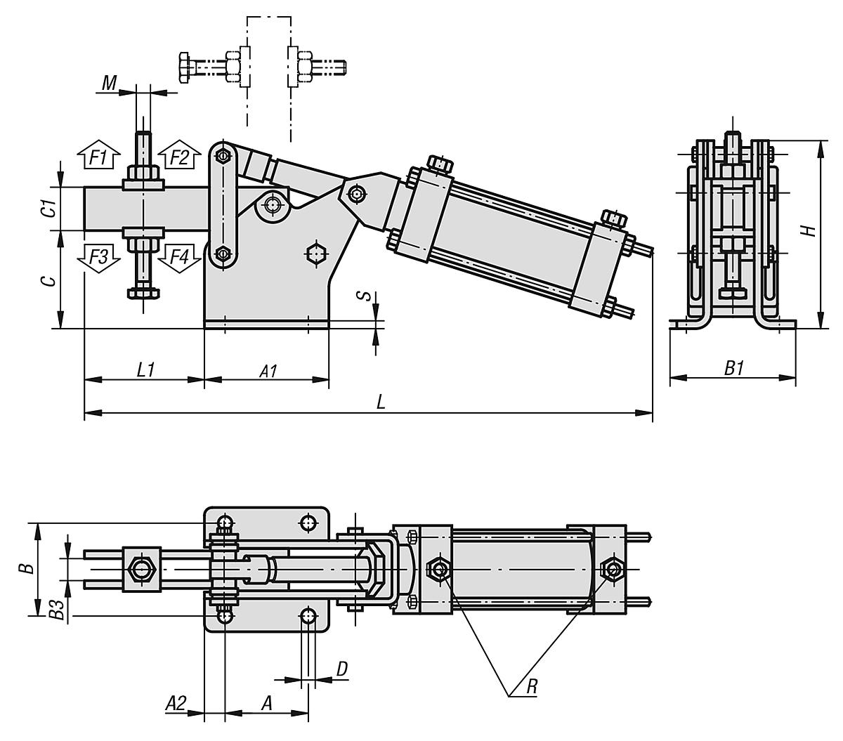 Kipp K0092.2000 PNEUMATIKSPANNER HORIZONTAL, SCHWERE AUSFÜHRUNG, P=2000 daN - K0092 Pneumatikspanner horizontal schwere Ausfuehrung - Massblatt